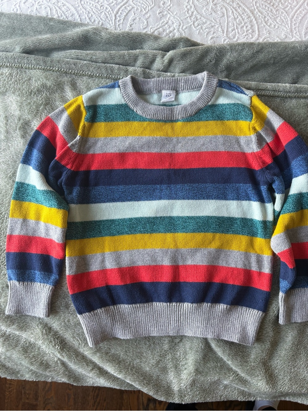 GAP Multicolor Striped Crewneck Sweater — Gray, Navy, Yellow, Red, Teal